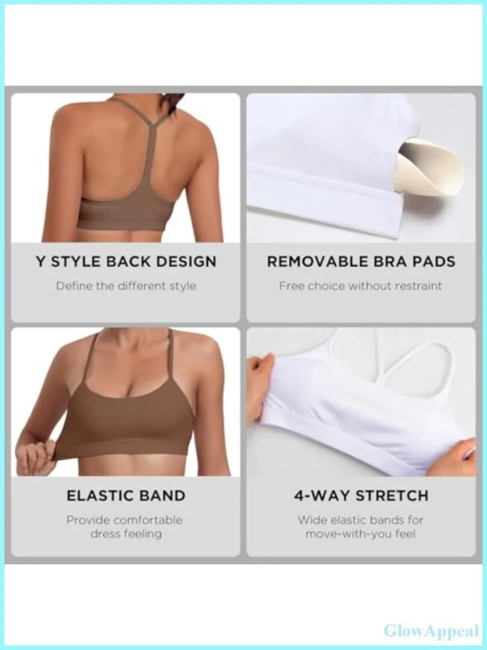 3 Pack Women's Y-Back Sports Bra with Removable Cups, Low Impact Wireless